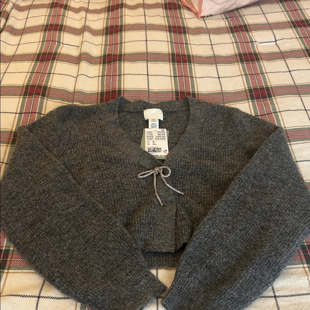 H&M Charcoal V-Neck Women's Sweater with rhinestone bow